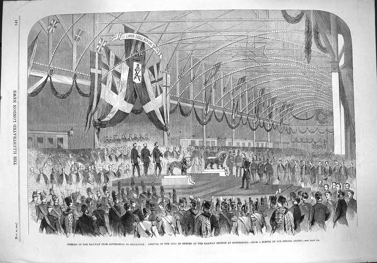 Original Old Antique Print 1862 Railway Gottenburg Stockholm Sweden Station