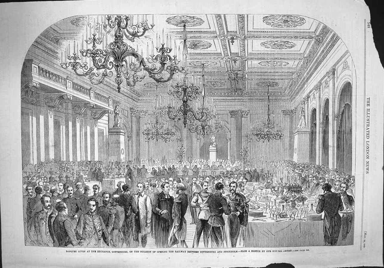 Original Old Antique Print 1862 Banquet Gottenburg Railway Stockholm Sweden