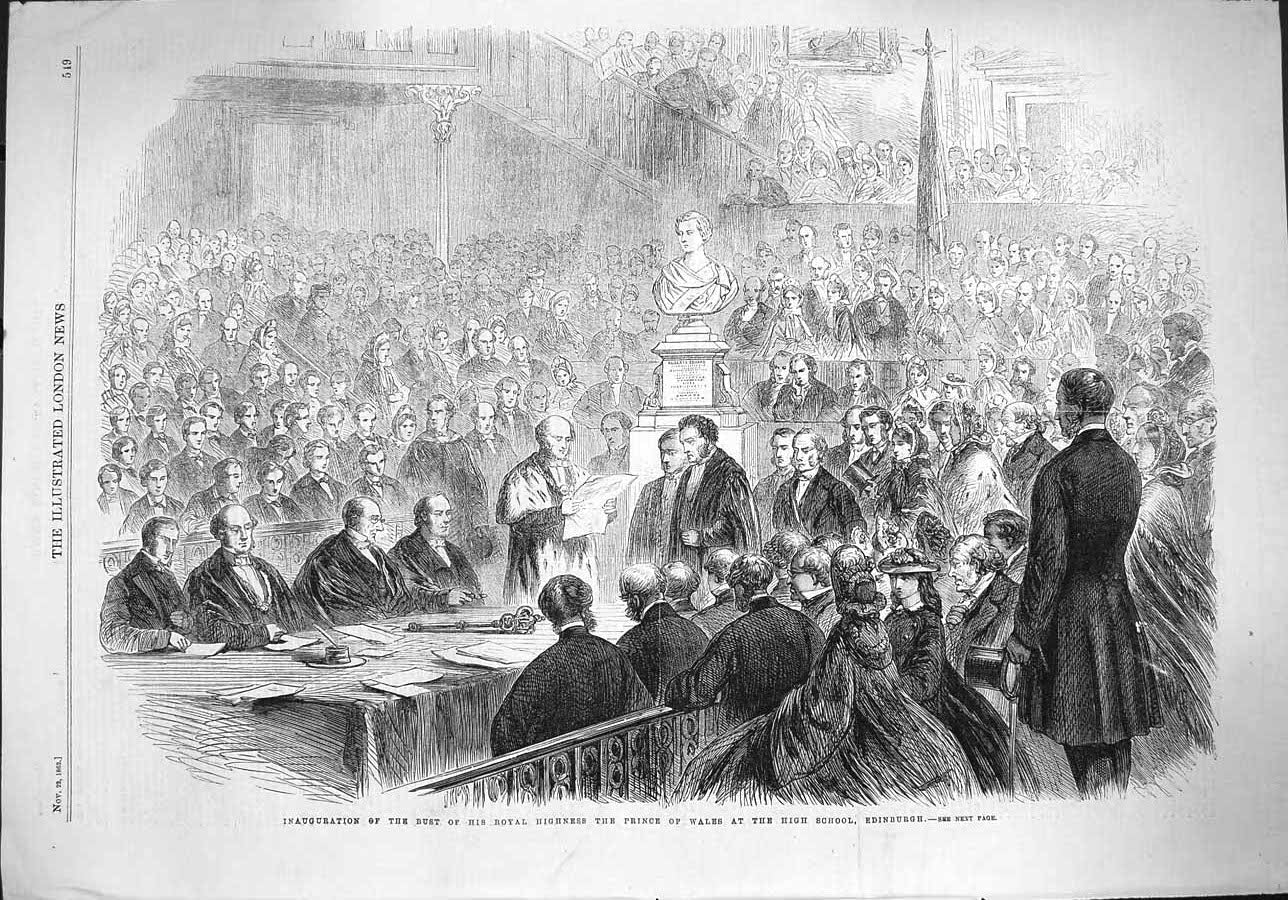 Original Old Antique Print 1862 Bust Prince Wales High School Edinburgh 19th