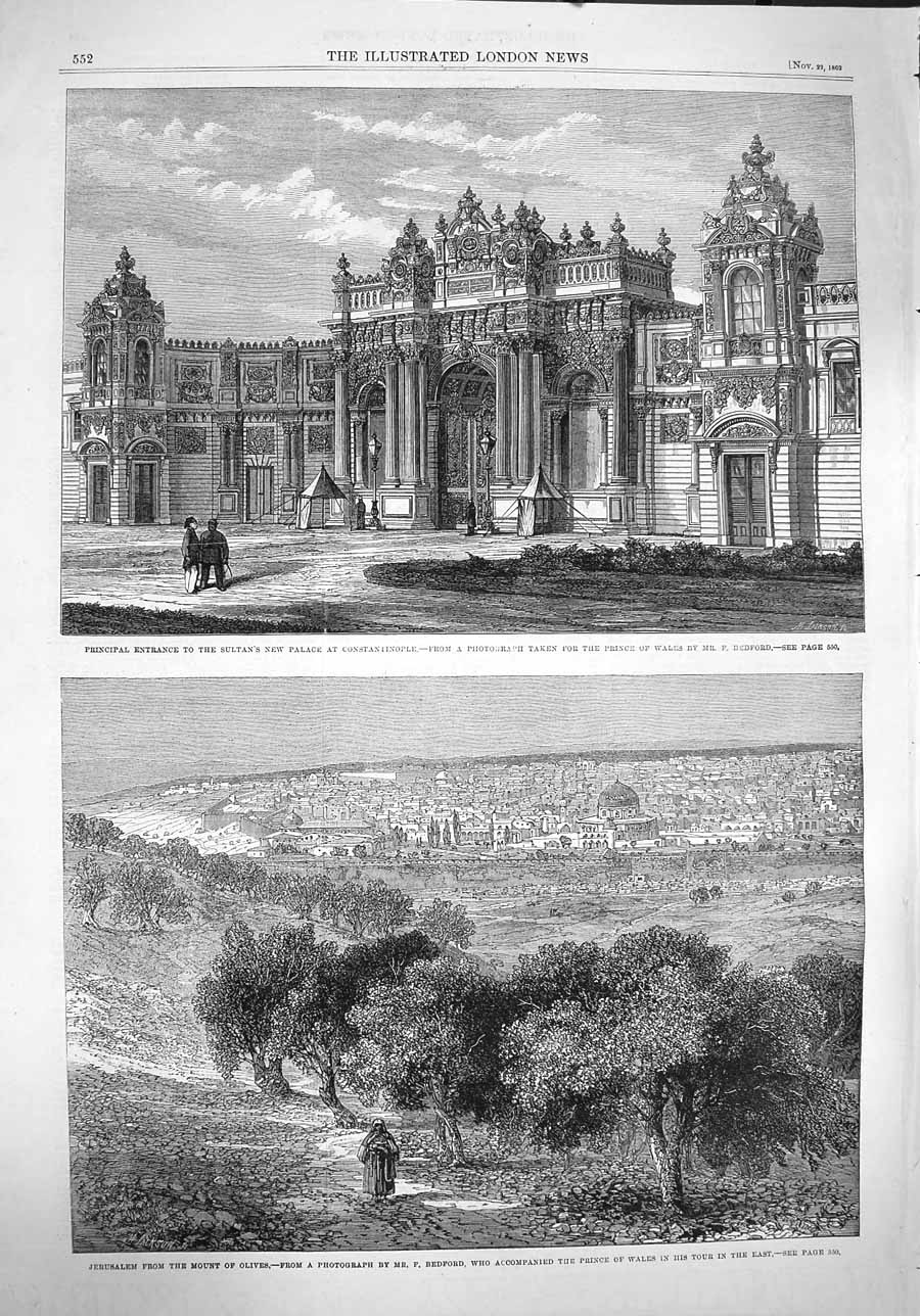 Original Old Antique Print 1862 Sultan Palace Constantinople Jerusalem Olives