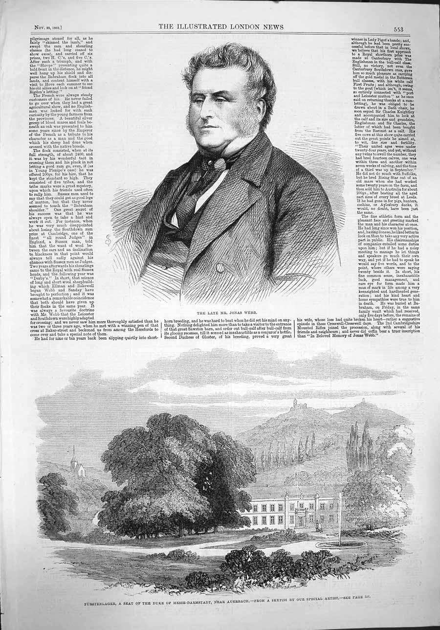 Original Old Antique Print 1862 Jonas Webb Furstenlager Hesse-Darmstadt A 19th
