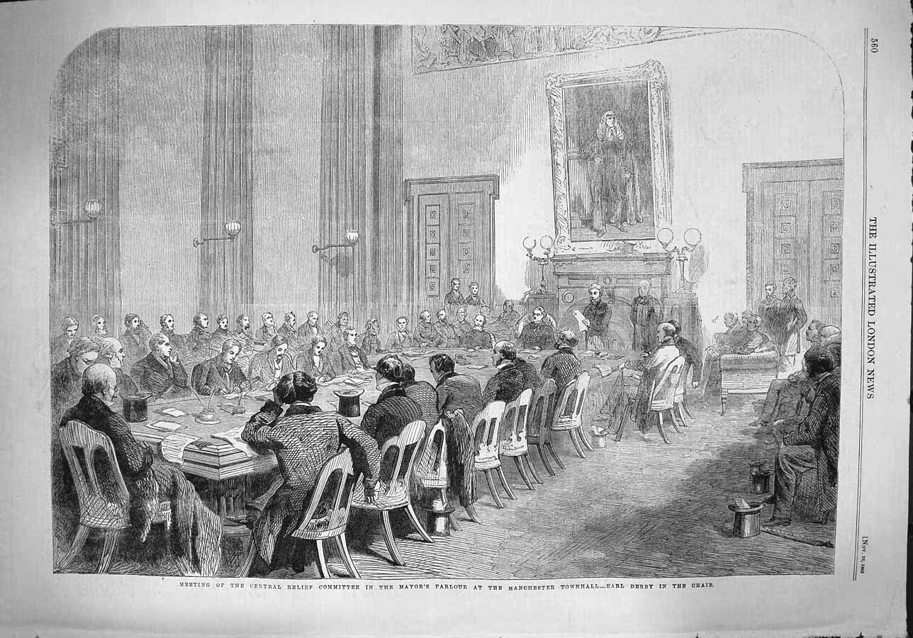 Old Antique Print 1862 Cotton Famine Mill Weaver Workers Clothing Parcels 19th