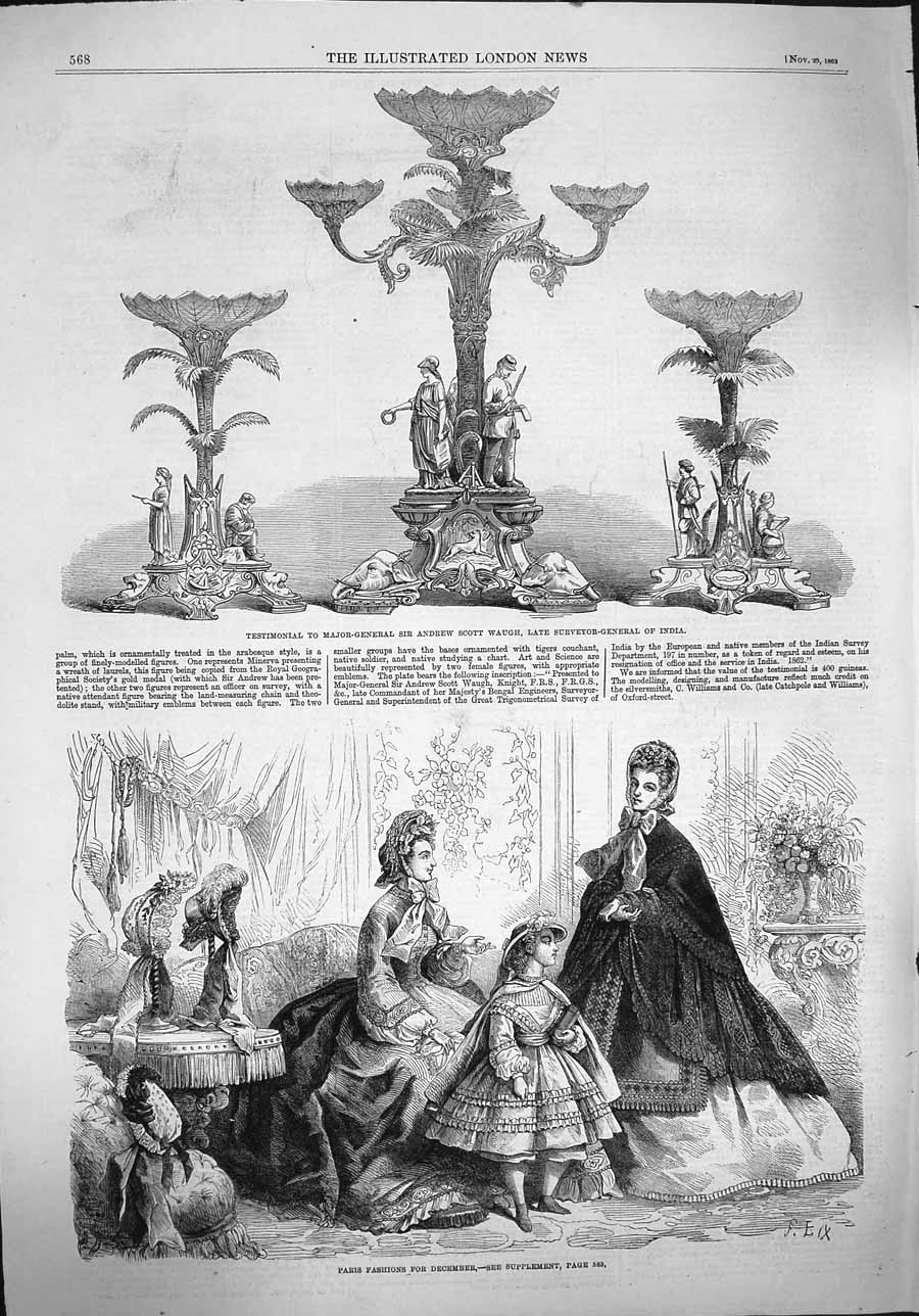 Original Old Antique Print 1862 Paris Fashion Testimonial Andrew Scott Waugh