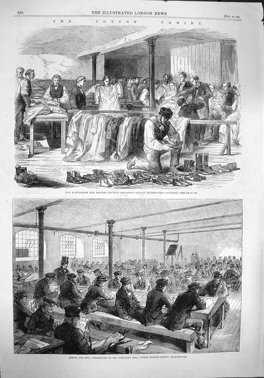 Original Old Antique Print 1862 Cotton Famine Manchester School Sewing Class