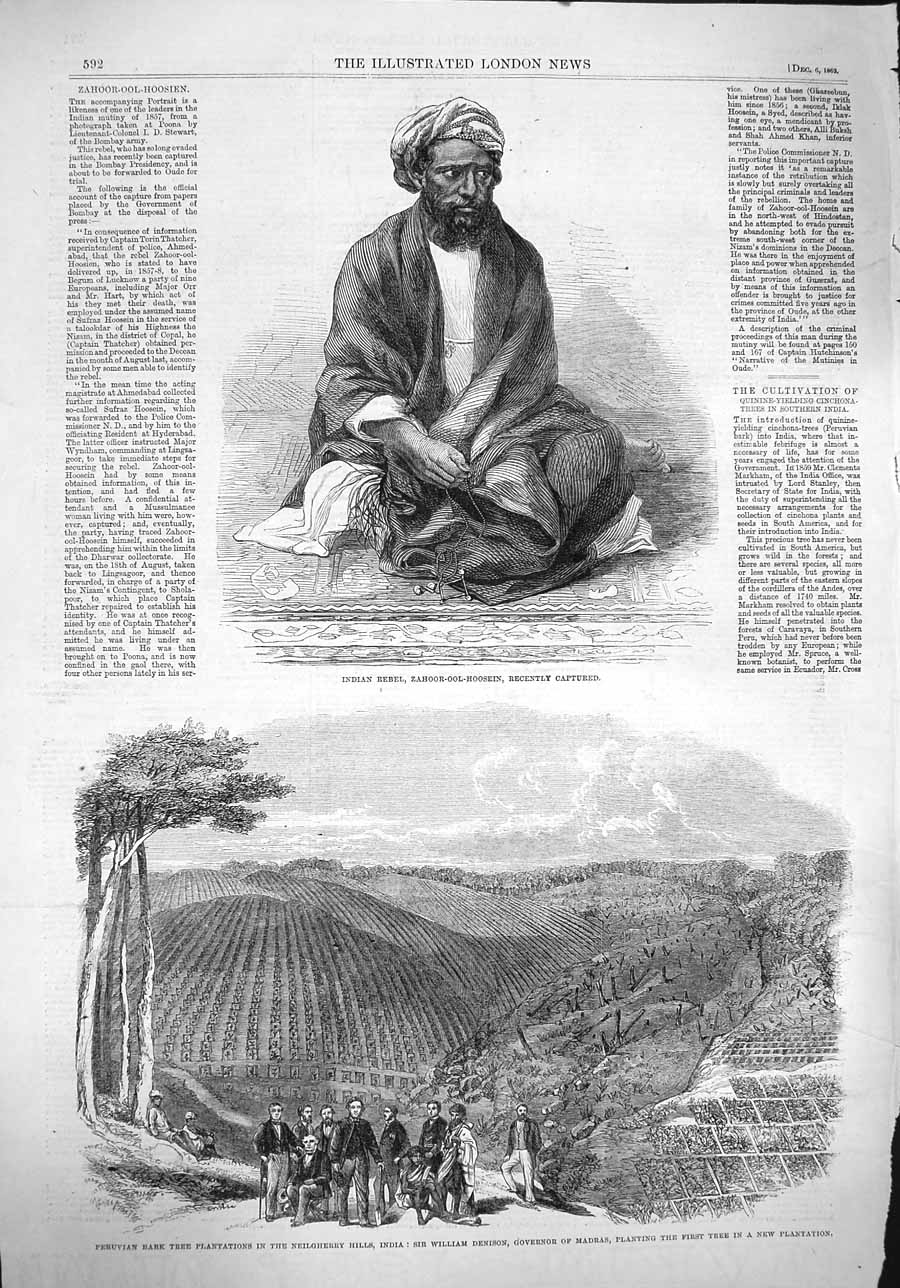 Original Old Antique Print 1862 Indian Rebel Zahoor-Ool-Hoosein Neilgherr 19th