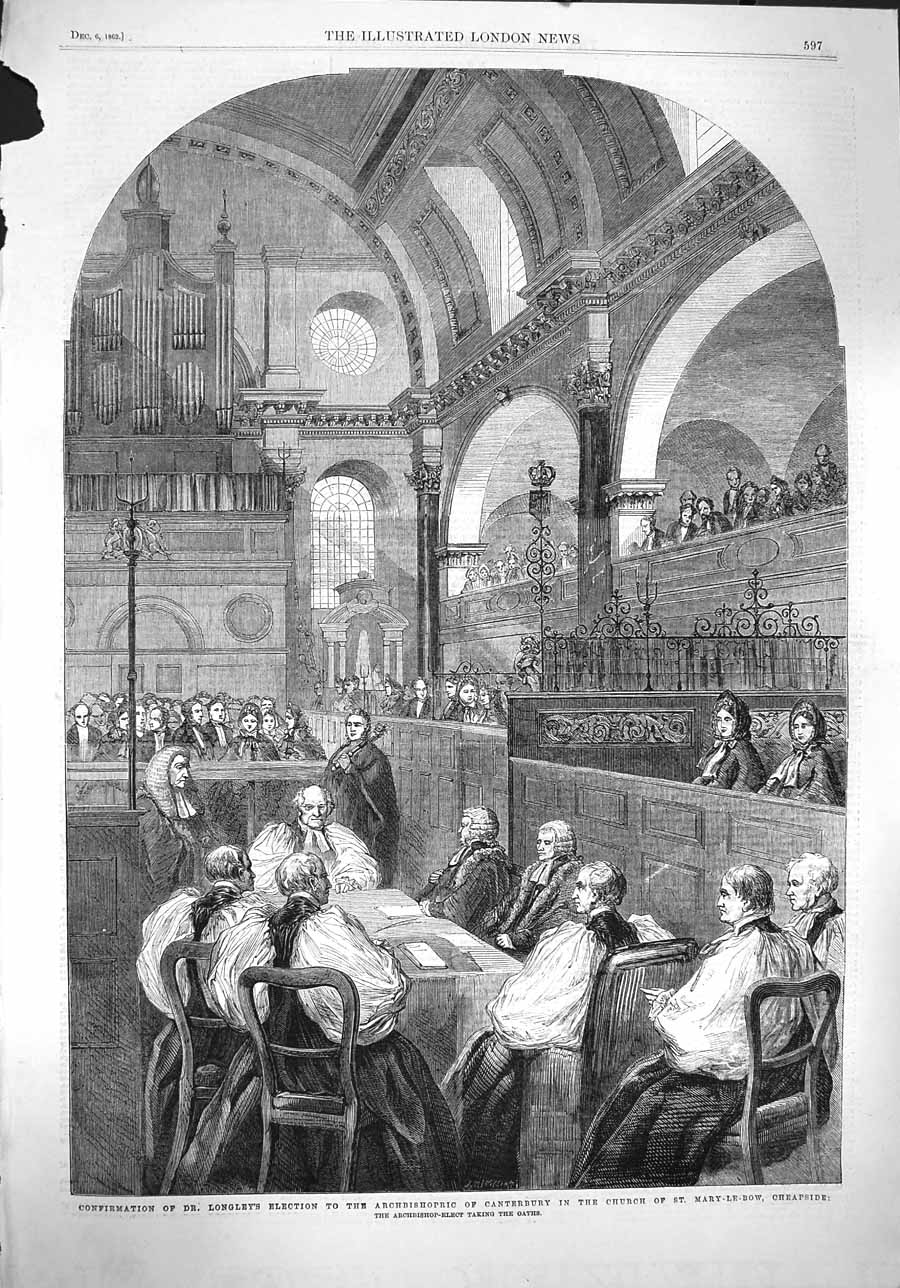 Old Antique Print 1862 Confirmation Longley Archbishop Canterbury Church 19th