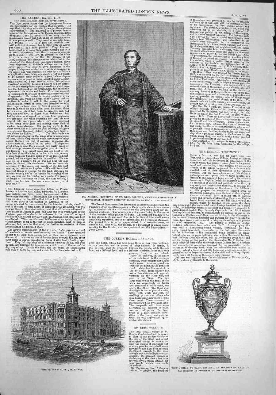 Original Old Antique Print 1862 Queen'S Hotel Hastings Ainger Bees College 19th