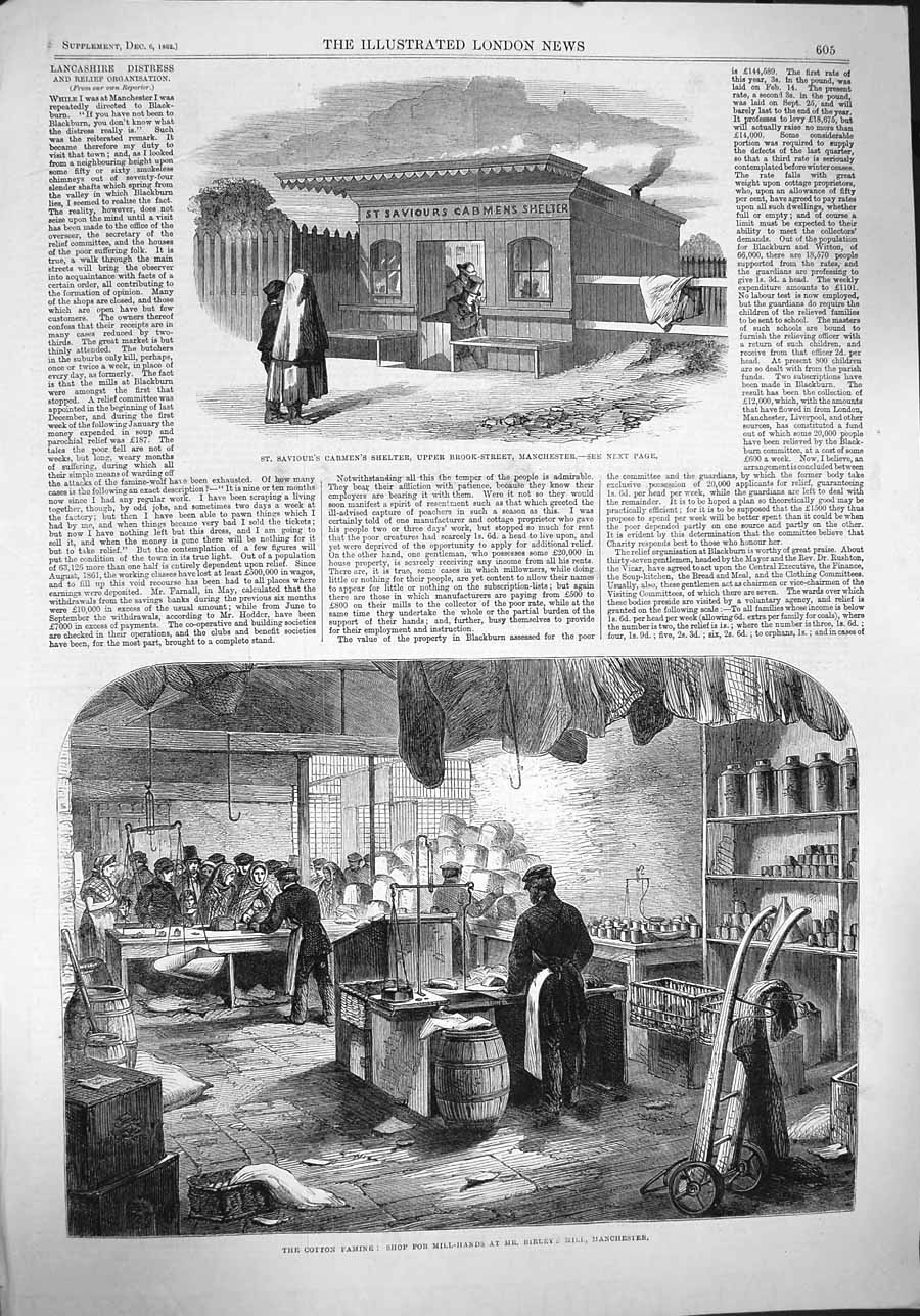 Original Old Antique Print 1862 Saviour Cabmen Shelter Manchester Cotton Famine