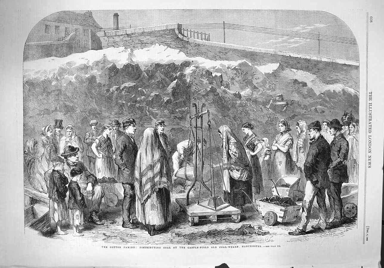 Original Old Antique Print 1862 Cotton Famine Coal Castle-Field Coal-Wharf 19th