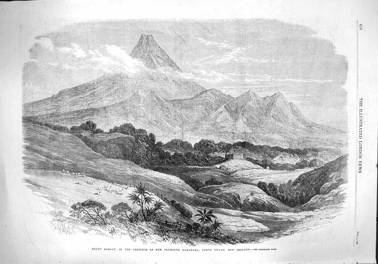 Original Old Antique Print 1862 Mount Egmont Plymouth Taranaki New Victorian
