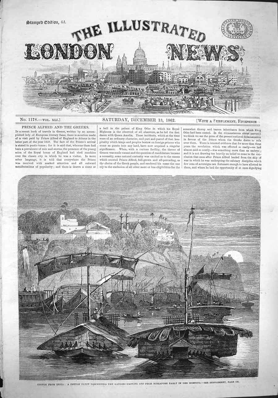 Original Old Antique Print 1862 Cotton India Ganges River Mirzapore Boats 19th