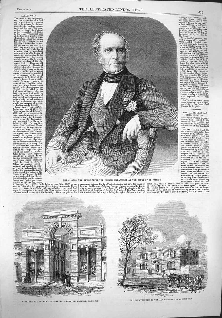 Original Old Antique Print 1862 Baron Gros French Ambassador Court James Is 19th