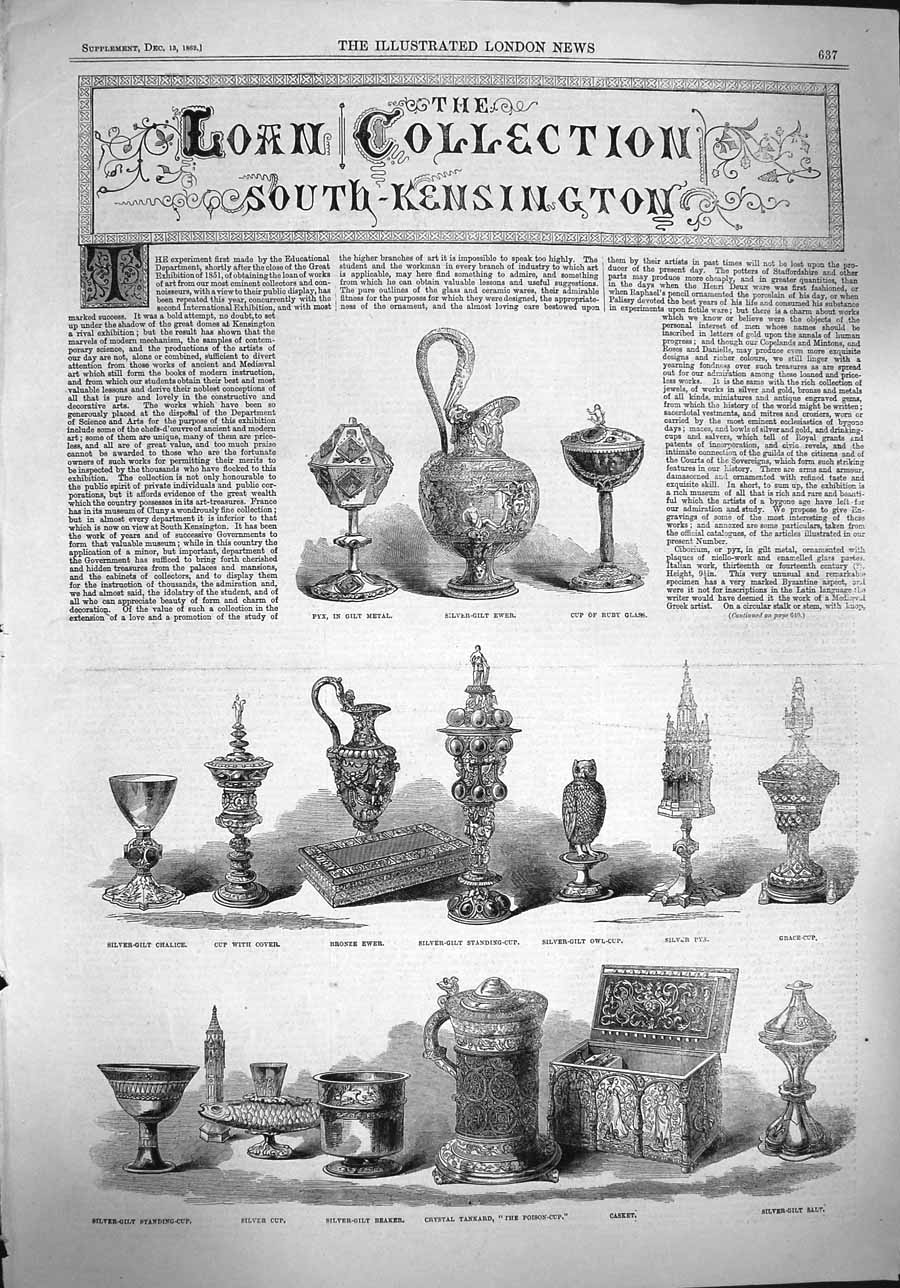 Original Old Antique Print 1862 Loan Collection South Kensington Tankard Casket