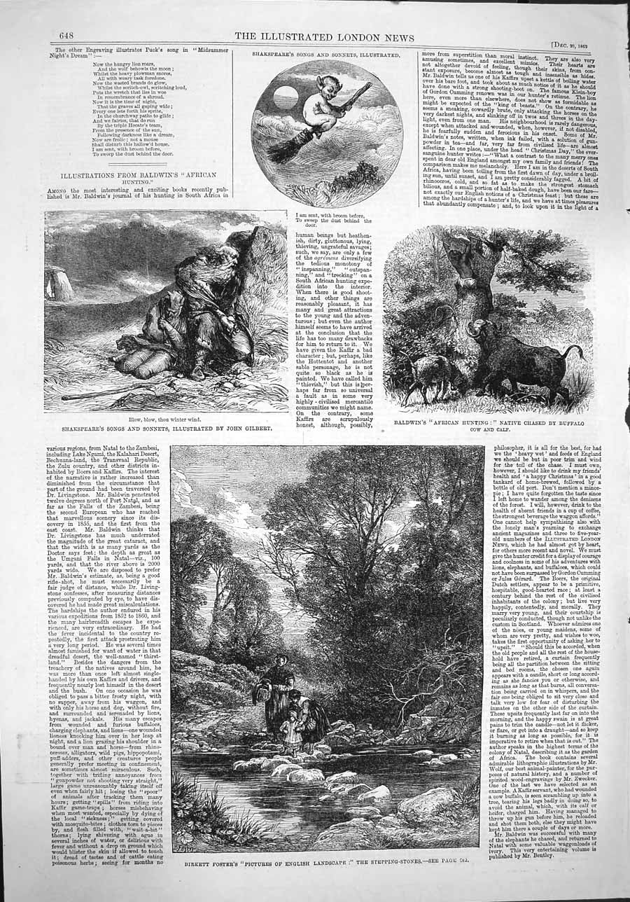 Old Antique Print 1862 Birkett Foster Stepping Stone Landscape Shakspeare 19th