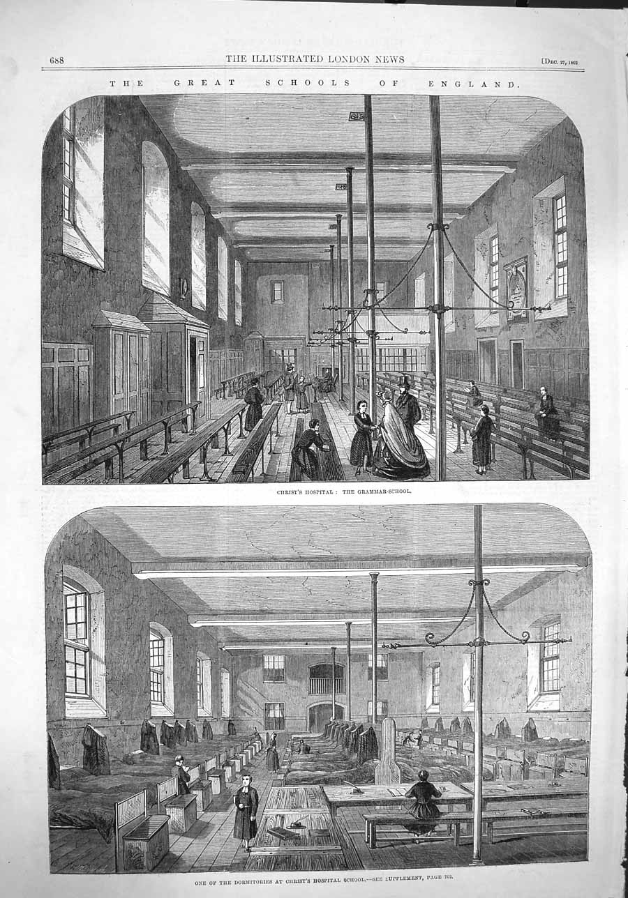 Old Antique Print 1862 Christ'S Hosptial School Dining Hall Dormitories 19th