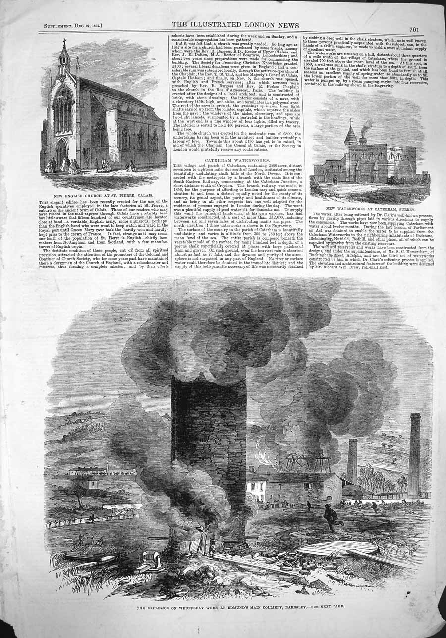 Original Old Antique Print 1862 Church Calais Waterworks Surrey Edmund Colliery