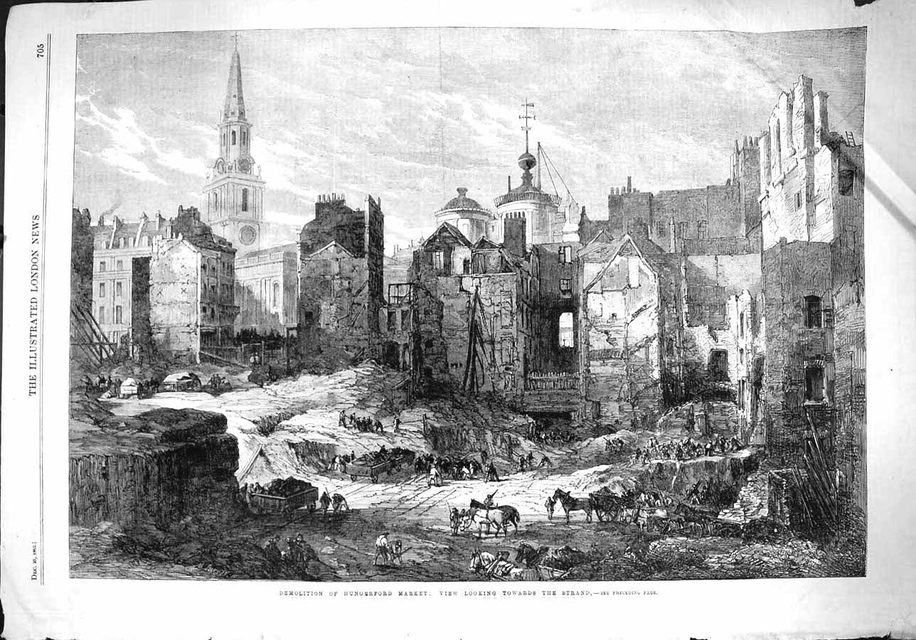 Original Old Antique Print 1862 Demolition Hungerford Market Strand London 19th