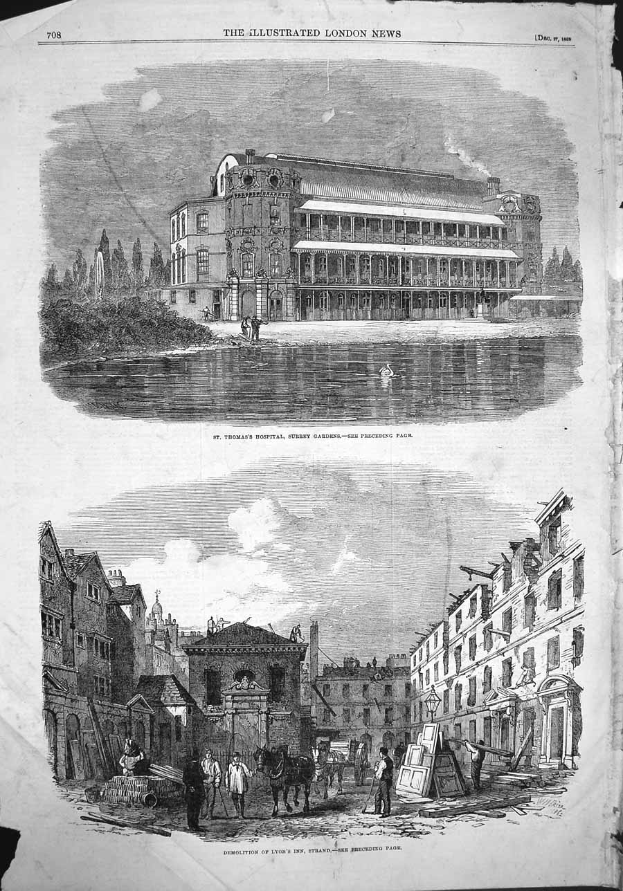 Old Antique Print 1862 Thomas'S Hospital Surrey Lyon'S Inn Strand London 19th