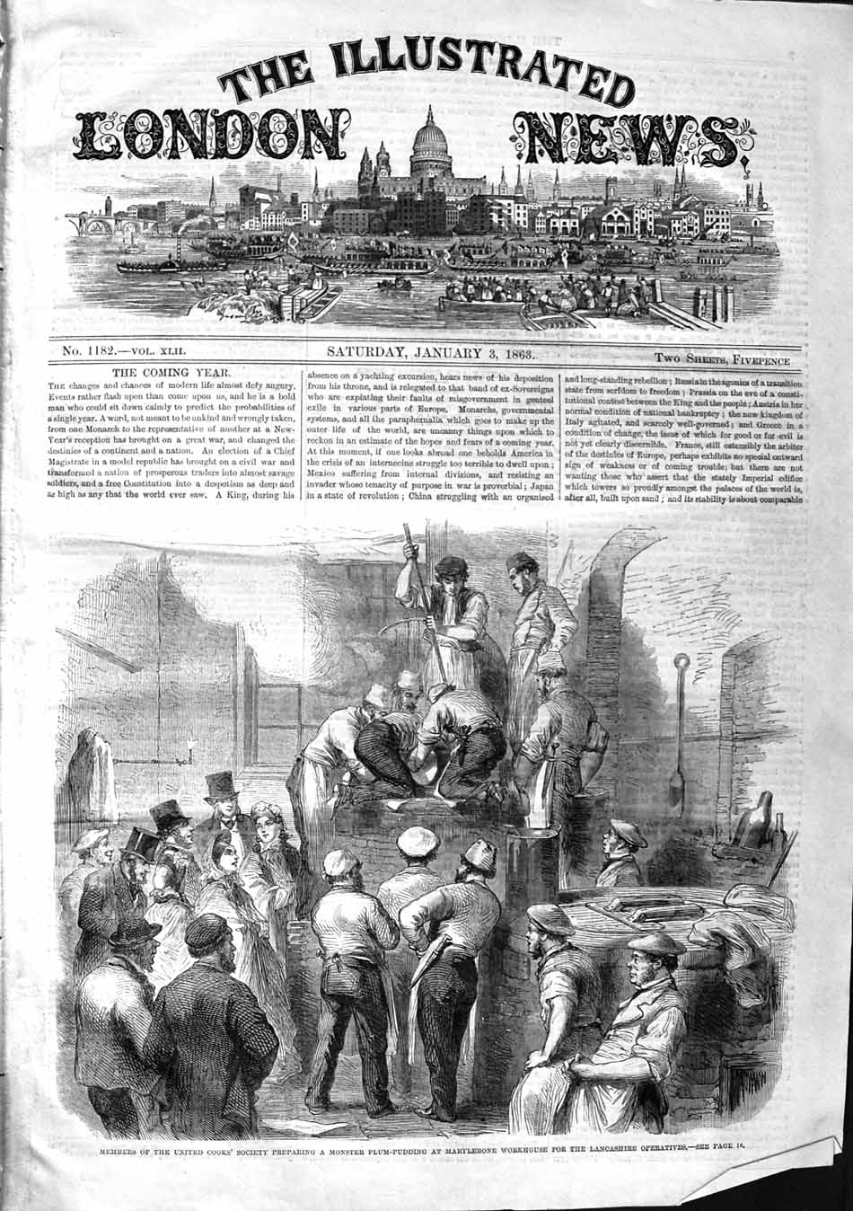 Original Old Antique Print 1863 United Cooks Society Plum Pudding Marylebone
