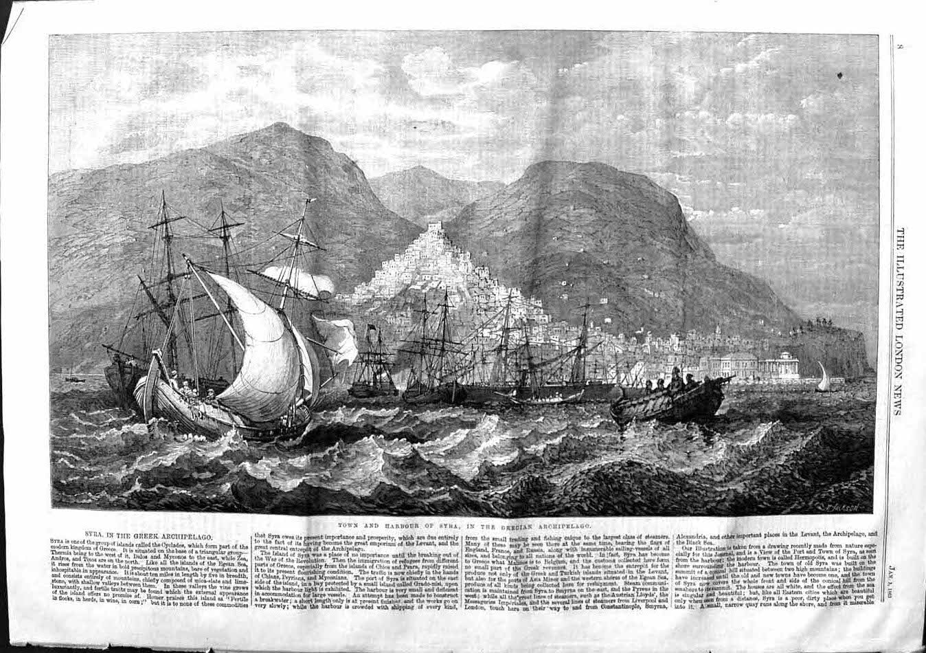 Original Old Antique Print 1863 View Town Harbour Syra Grecian Archipelag 19th