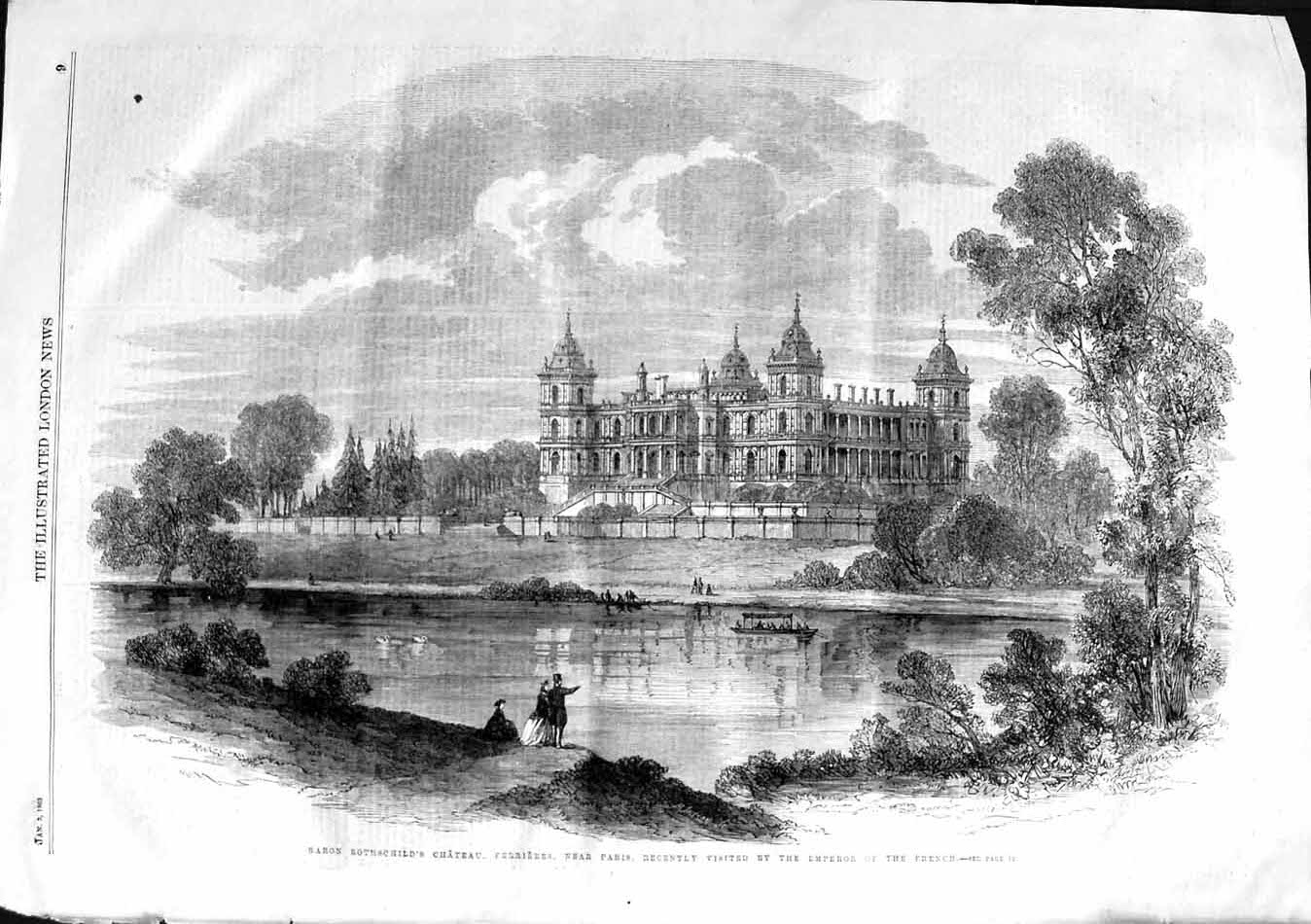 Original Old Antique Print 1863 Baron Rothschild Chateau Ferrieres Paris River