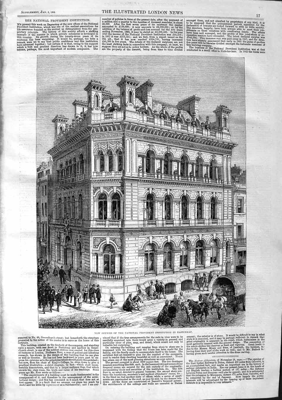 Antique Old Print *3755 1863 Offices National Provident Institution Eastcheap