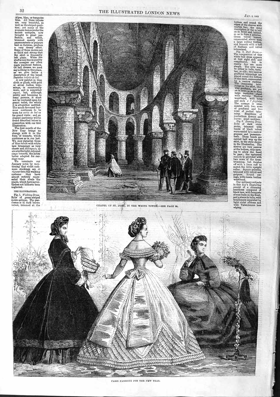 Old Antique Print 1863 Paris Ladies Fashion Chapel St. John White Tower 19th