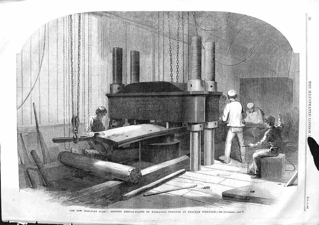 Old Antique Print 1863 Armour Plates Hydraulic Pressure Chatham Dockyard 19th