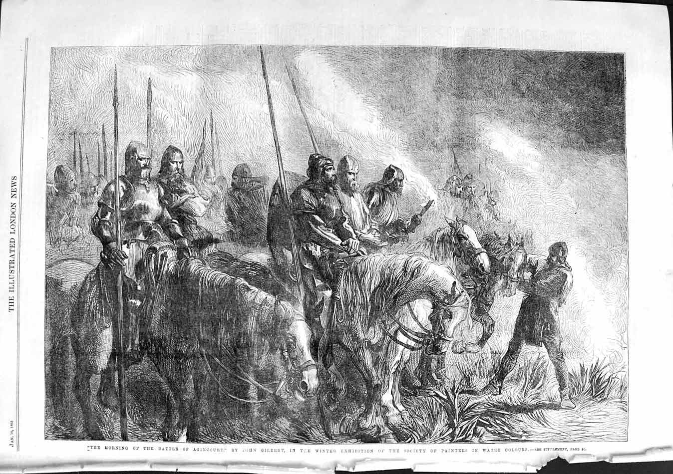 Original Old Antique Print 1863 Battle Agincourt Siers Horses War John Gilbert
