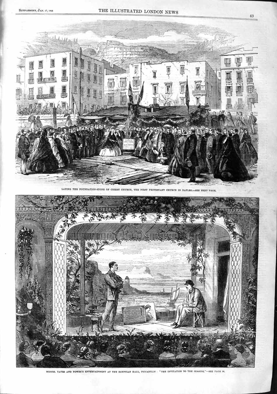 Original Old Antique Print 1863 Foundation-Stone Christ Church Naples Pic 19th