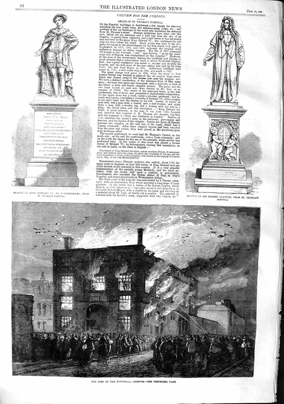 Original Old Antique Print 1863 Statue King Edward Robert Clayton Fire Chester