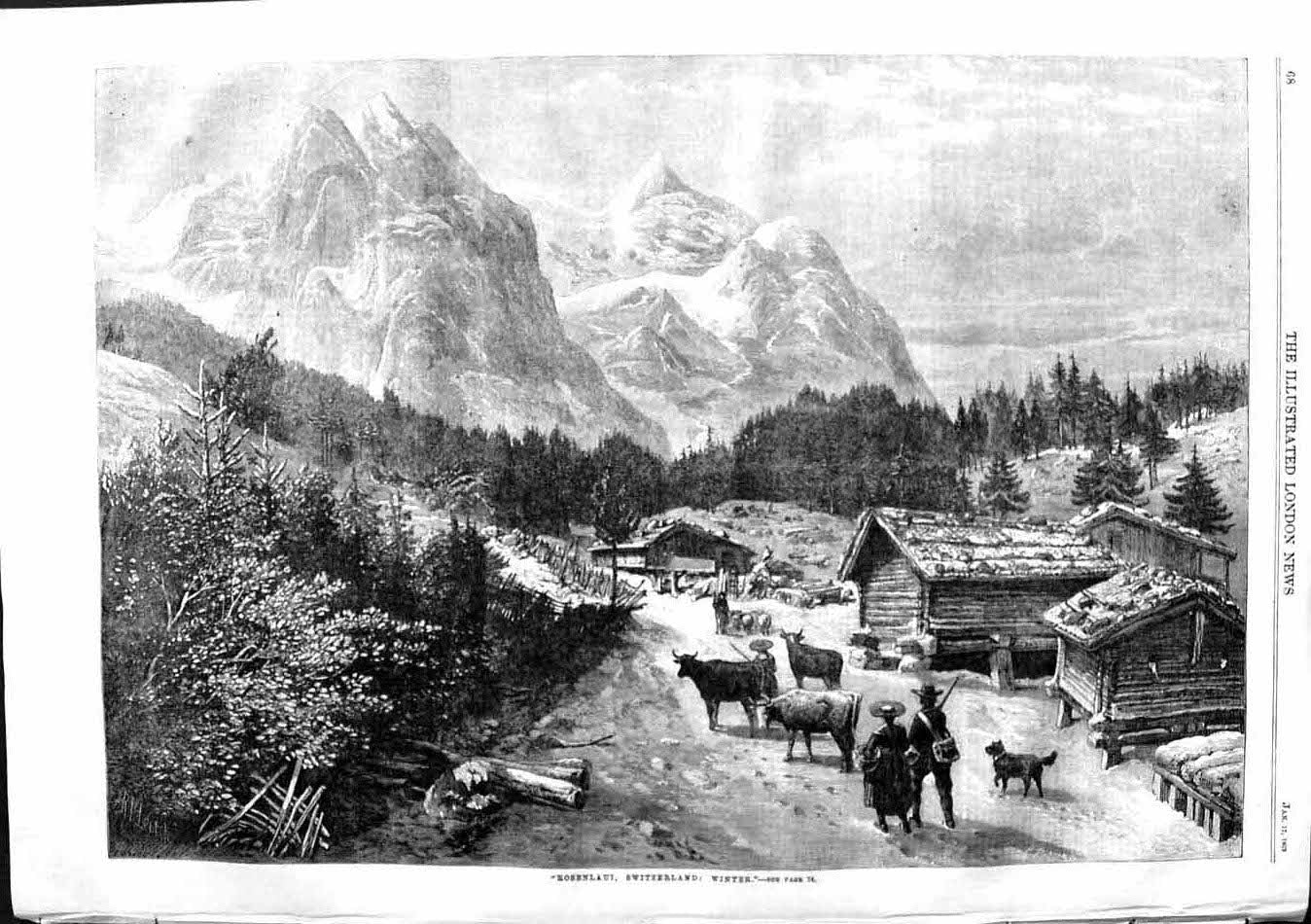 Original Old Antique Print 1863 View Rosenlaui Switzerland Mountains Trees 19th