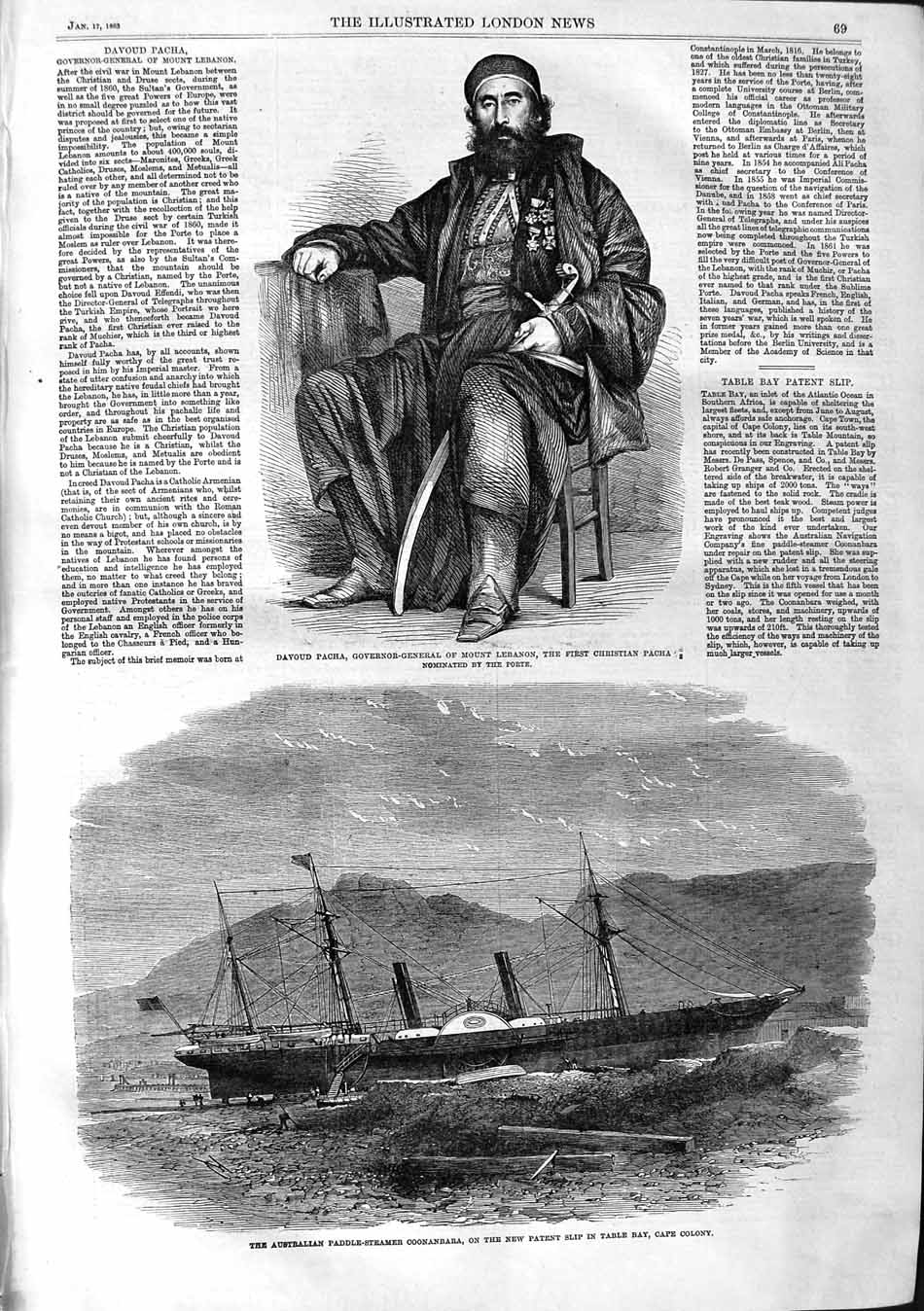 Old Antique Print 1863 Davoud Pacha Mount Lebanon Coonanbara Ship Table 19th