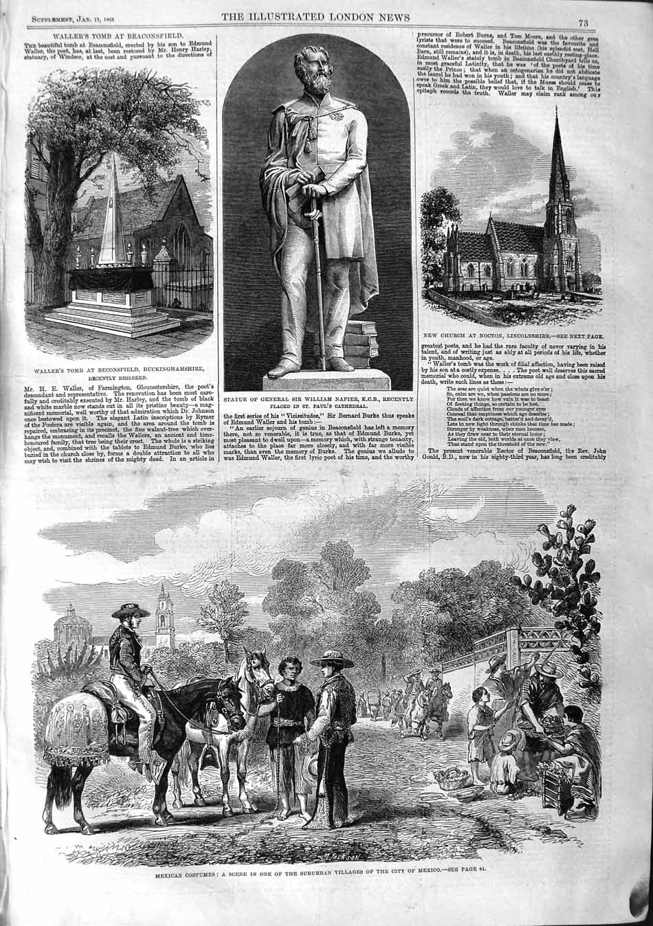 Original Old Antique Print 1863 Mexico Waller Tomb Statue Napier Church Nocton