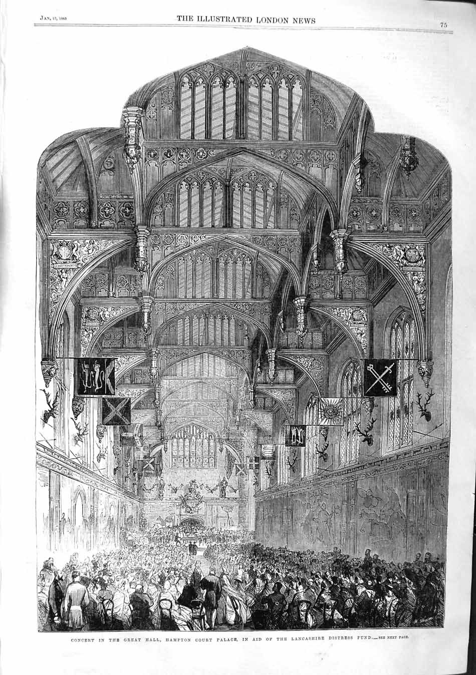 Old Antique Print 1863 Concert Great Hall Hampton Court Palace Lancashire 19th
