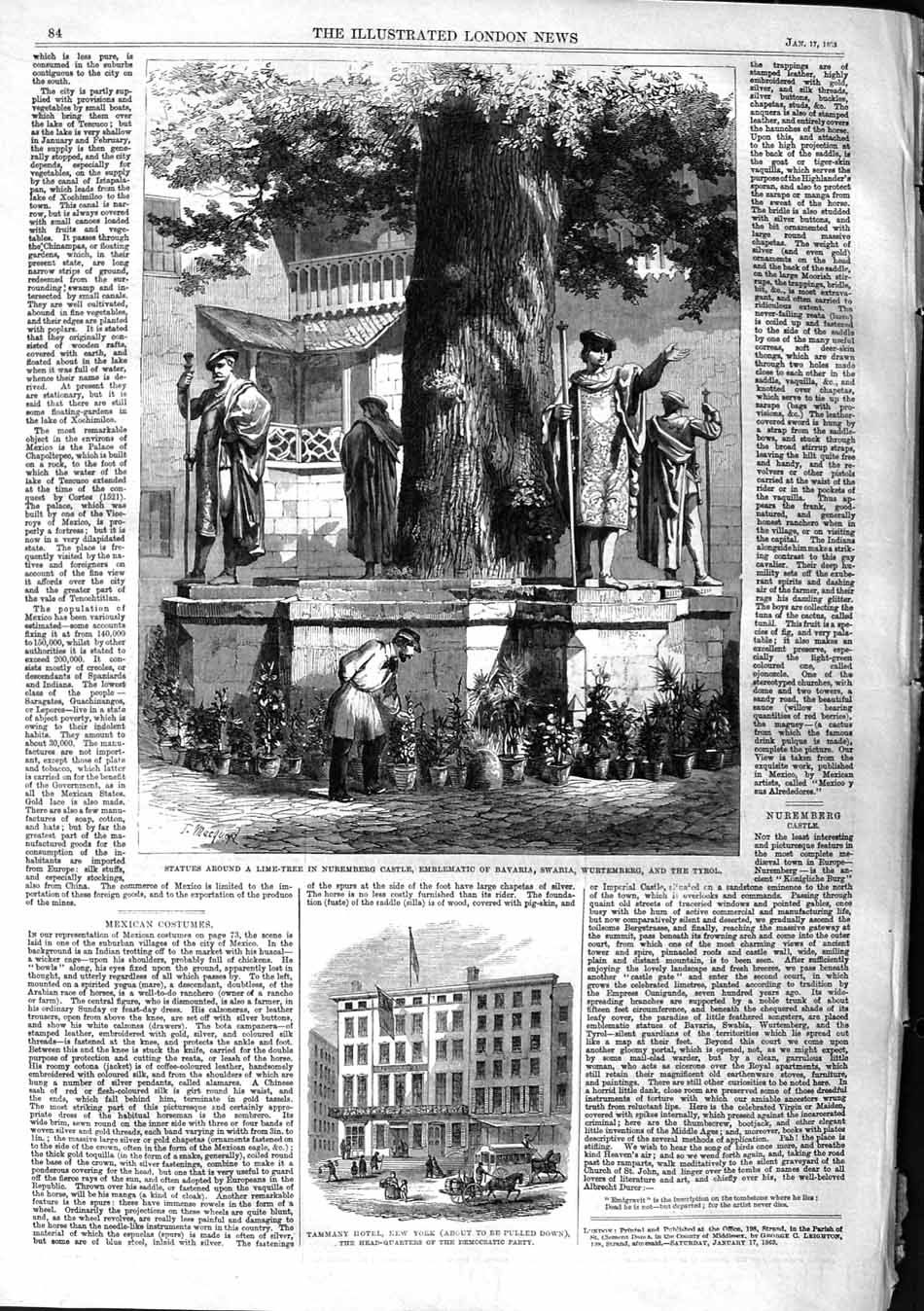 Original Old Antique Print 1863 Tammany Hotel New York Statues Nuremberg Castle