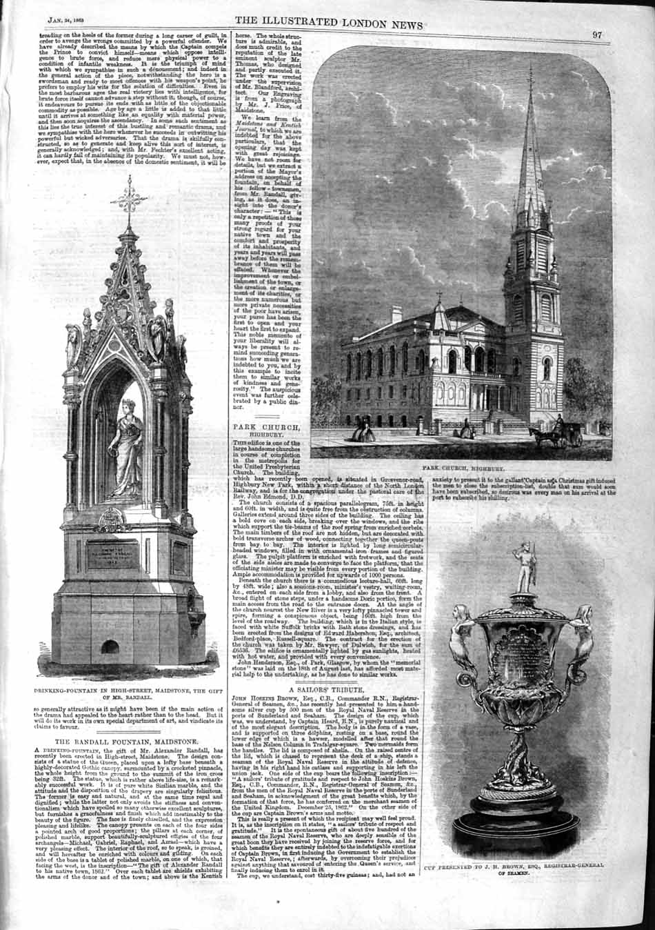 Old Antique Print 1863 Park Church Highbury Drinking Fountain Maidstone 19th