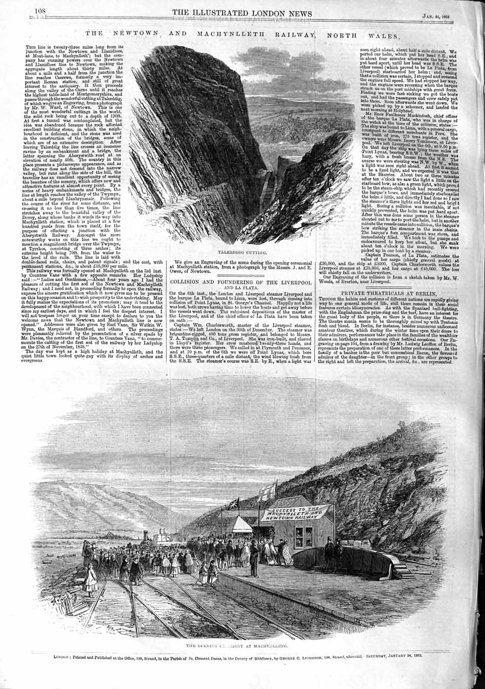Original Old Antique Print 1863 Talerddig Cutting Railway Wales Machynllet 19th