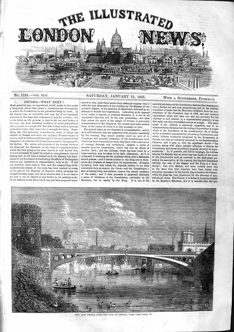 Old Antique Print 1863 Iron Bridge River Boats Ouse Lendal York England 19th