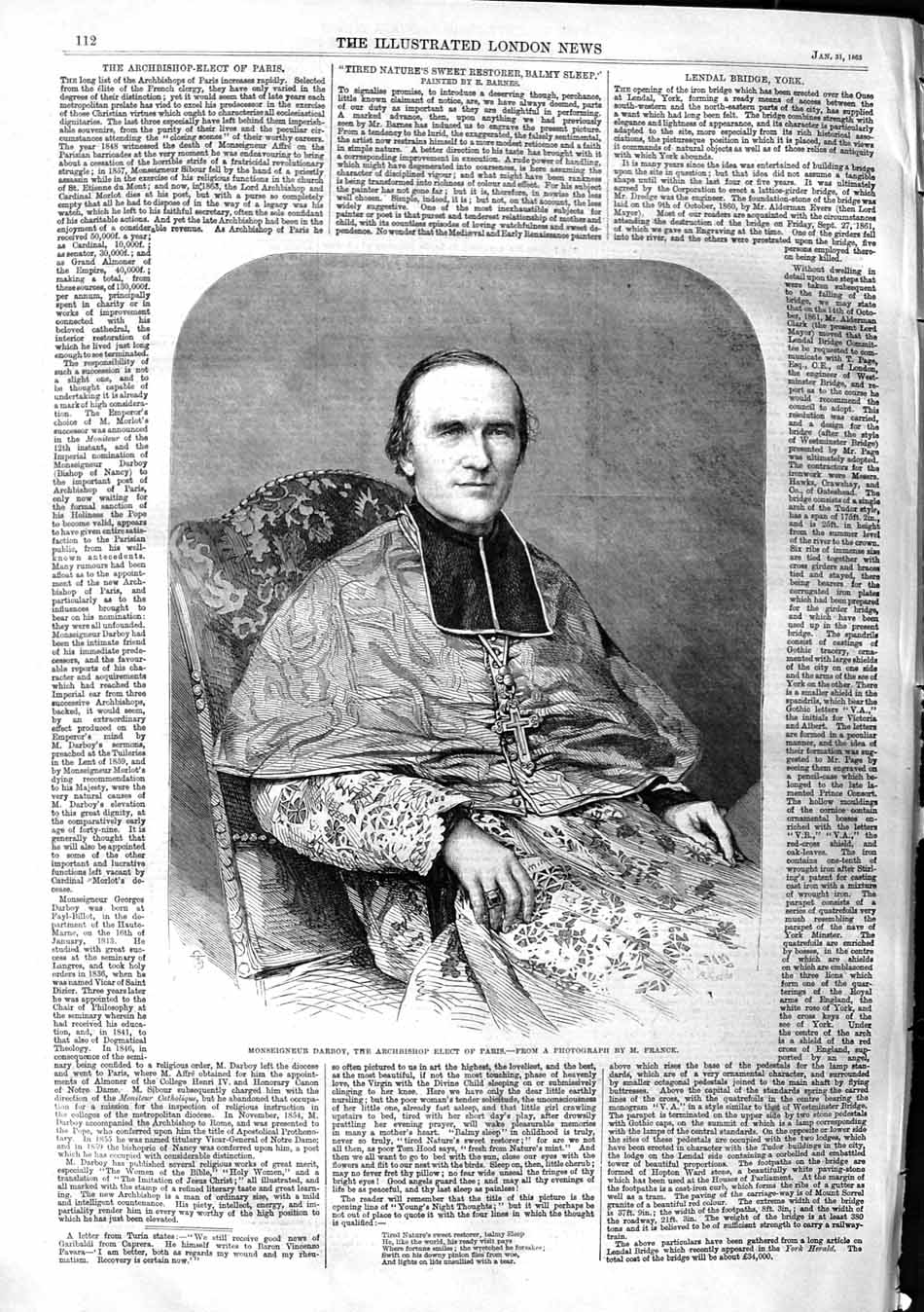 Antique Old Print *3758 1863 Monseigneur Darboy Archbishop Elect Paris France