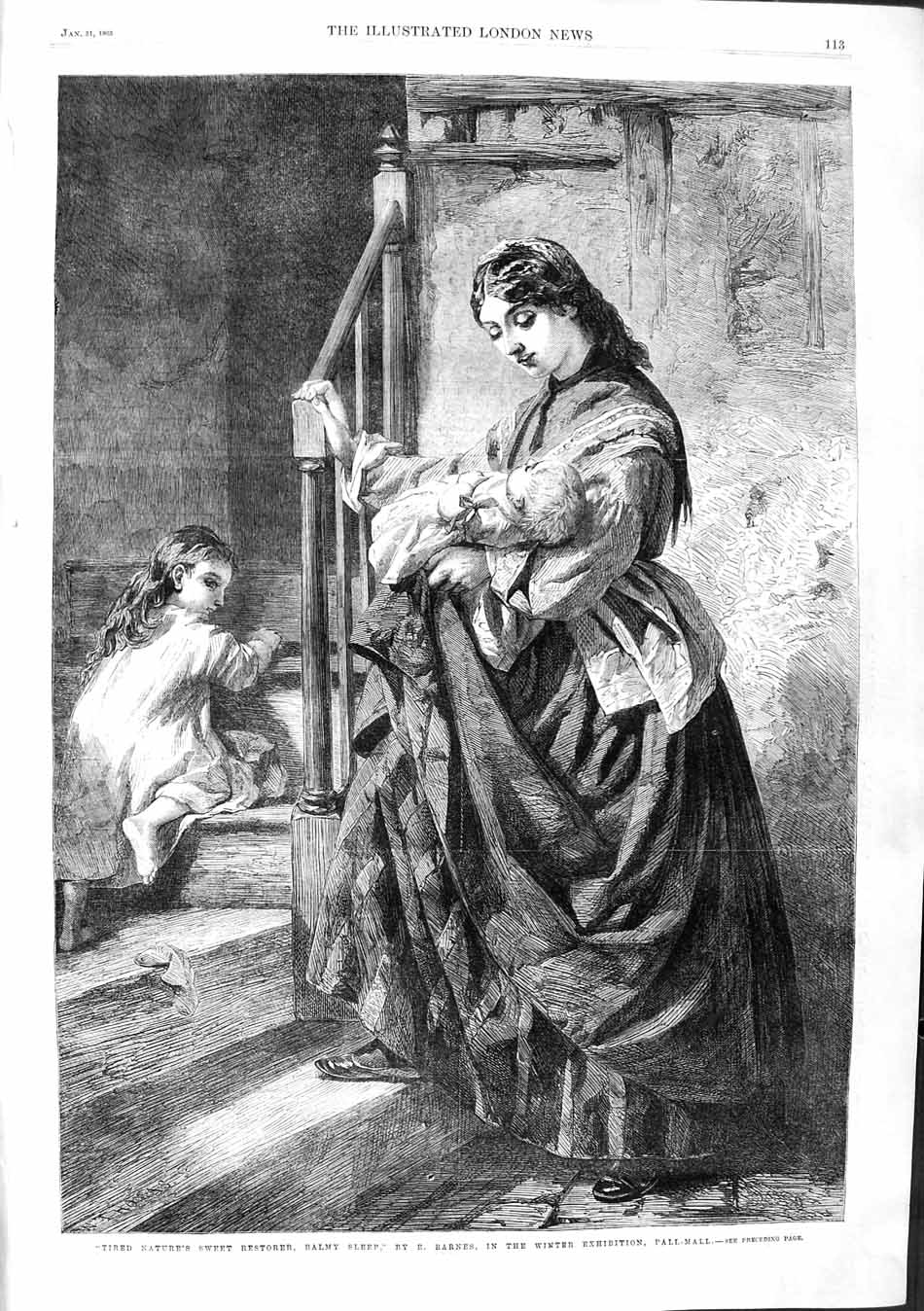 Original Old Antique Print 1863 Mother Children Baby Stair House Bedtime Barnes