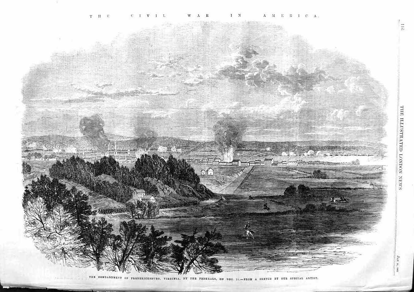 Antique Old Print *3762 1863 Bombardment Fredericksburg Virginia Federals War