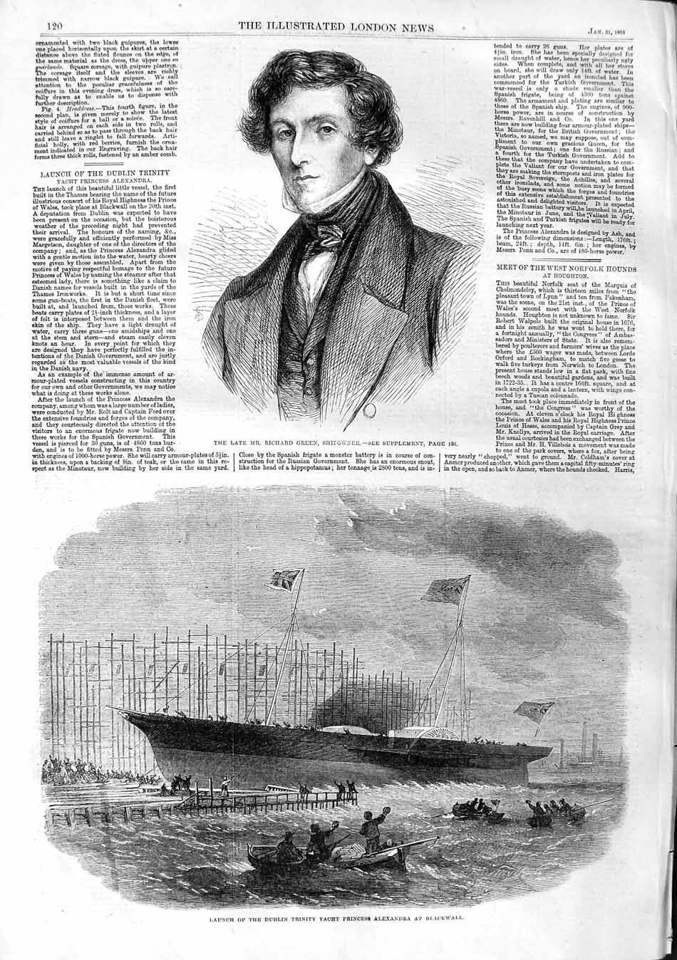 Original Old Antique Print 1863 Richard Green Shipowner Dublin Trinity Yacht