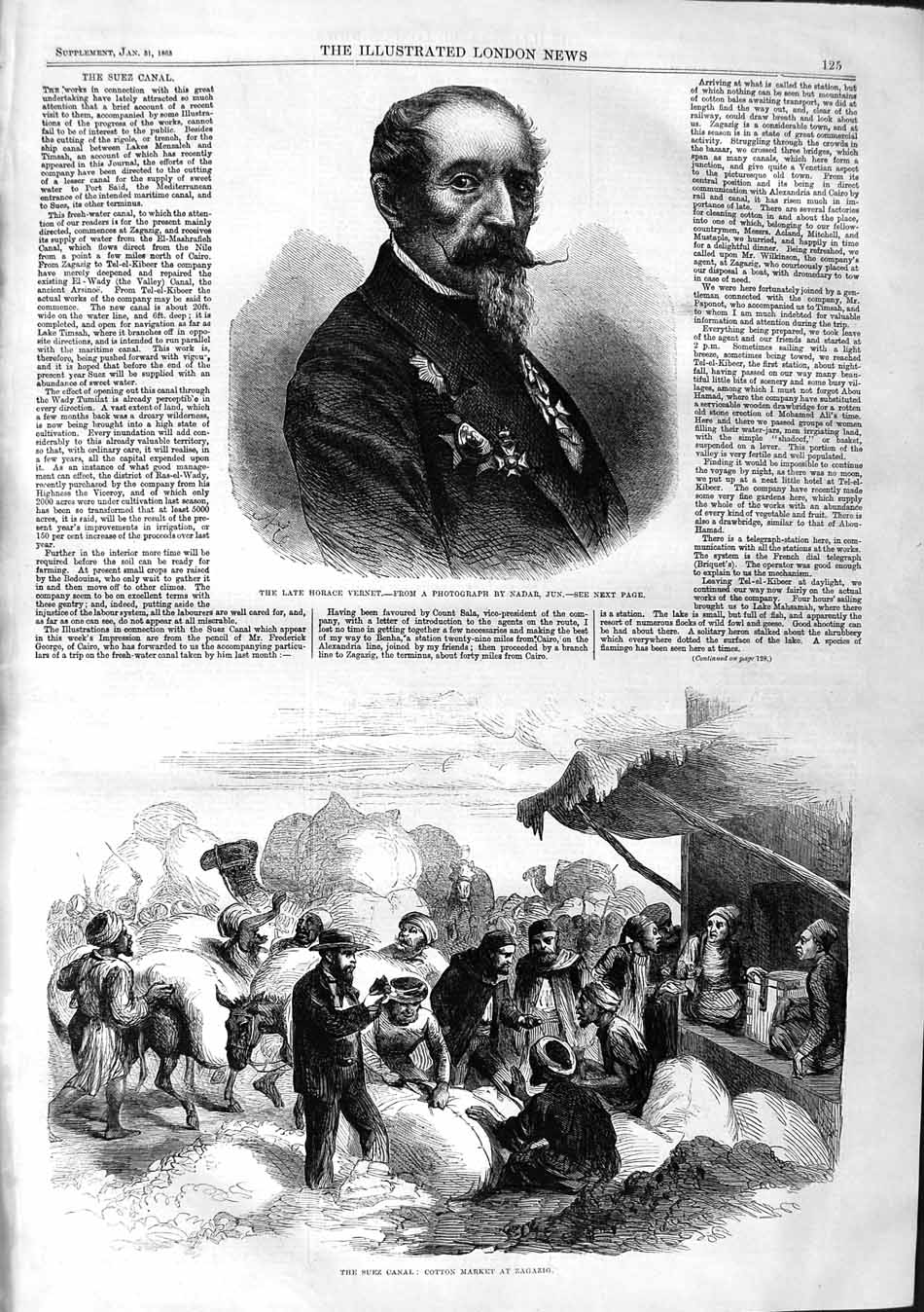 Antique Old Print *3757 1863 Horace Vernet Suez Canal Cotton Market Zagazig