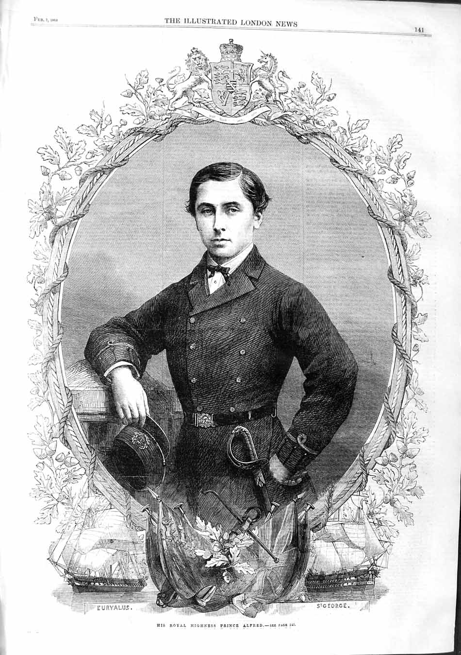 Original Old Antique Print 1863 His Royal Highness Prince Alfred Eurylas Ship
