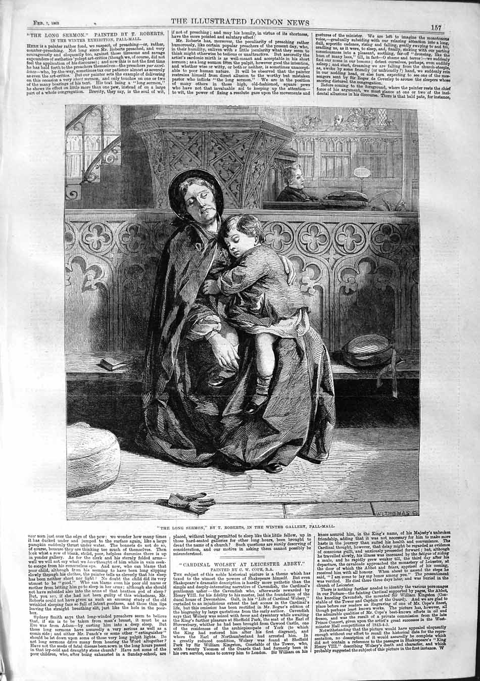 Old Antique Print 1863 Mother Little Boy Sleeping Church Sermon Roberts 19th