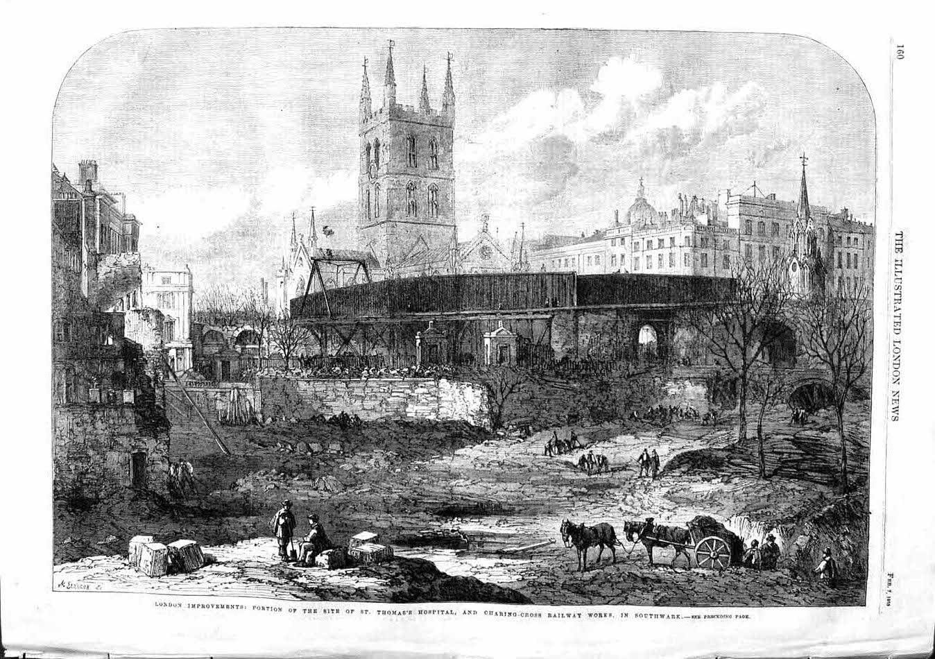 Old Antique Print 1863 London Thomas'S Hospital Charing Railway Southwark 19th