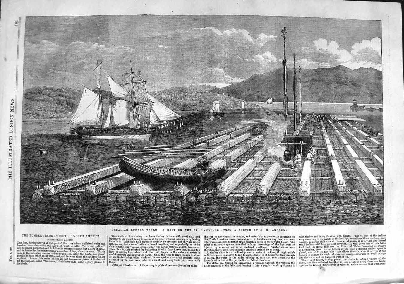 Original Old Antique Print 1863 Canadian Lumber Trade Raft St. Lawrenc Victorian