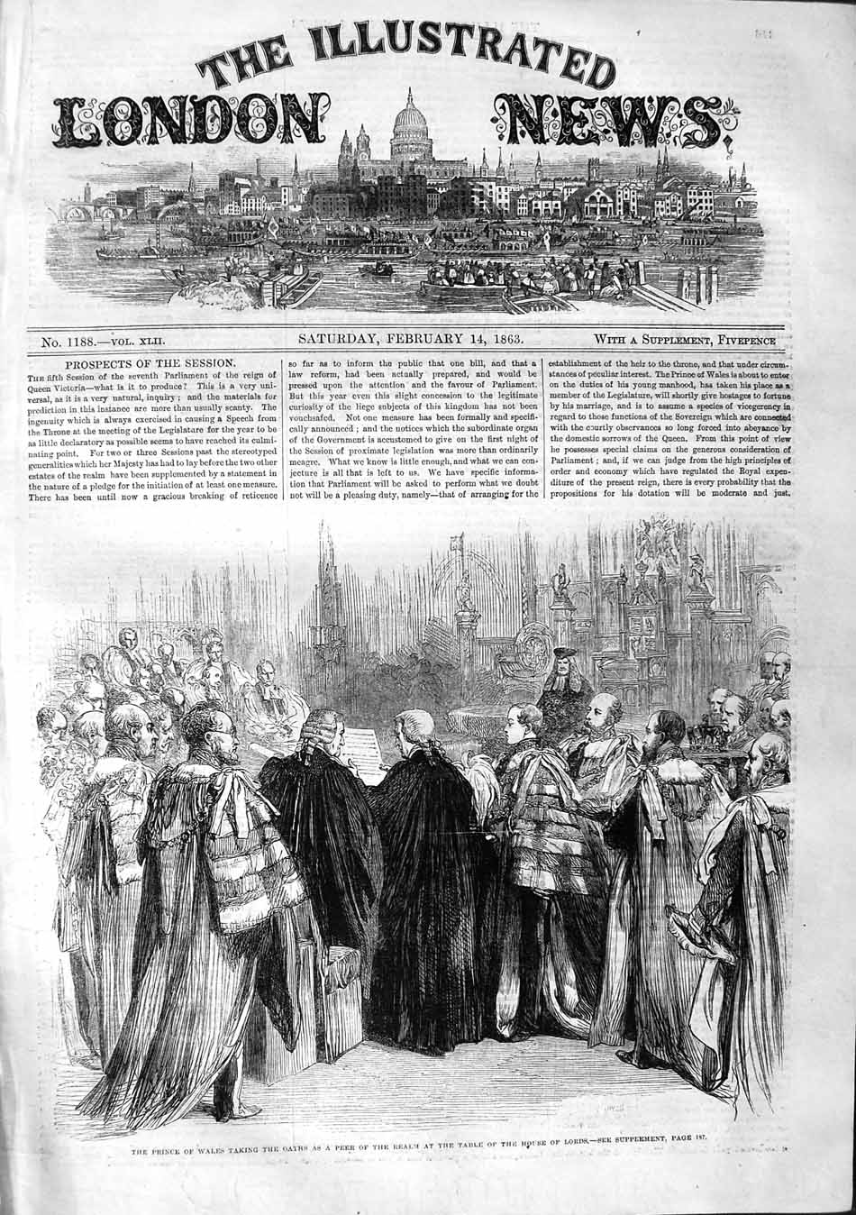Original Old Antique Print 1863 Prince Wales Oaths Peer Realm House Lords 19th