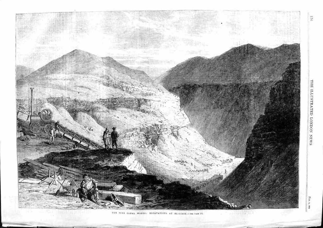 Antique Old Print *3761 1863 Suez Canal Works Excavations El-Girsh Mountains